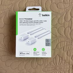 BELKIN BOOST CHARGE 2 USB-C PD WALL CHARGER WITH 2 IPHONE CABLES - BUNDLE