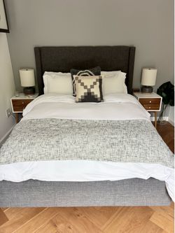 Living Spaces Upholstered Full Bed Frame  (with large storage drawer) + Low Profile Foundation