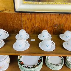 (8) Vintage Arcopal France Veronica or Myosotis Pattern Coffee Cups And Saucers