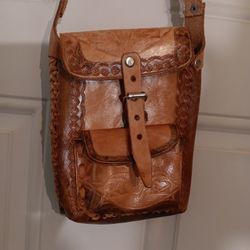 Handmade Leather Crossbody Bag With Two Compartment Brown Hobo Style.