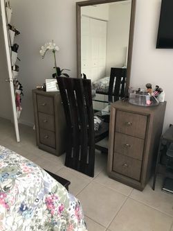 Vanity Large Floor Mirror with Wood Frame and Chair