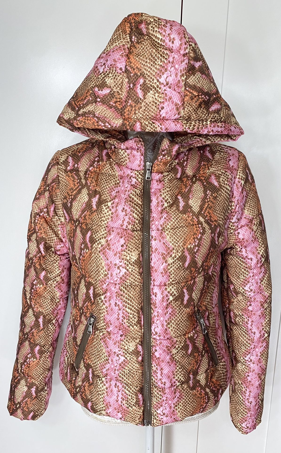pink brown snake puffy jacket women - Size Medium