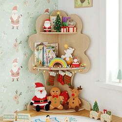 3-Tier Corner Kids Bookshelf and Toy Storage Organizer for Kids Room - Natural Wood 