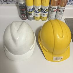 Spray paints and 2 construction hat