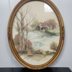 Vintage Framed Print of Frank Massa Painting Lake Cottage Swan Trees