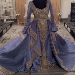 Custom Dusty Blue with Gold Design Luxury Wedding/Formal Dress 