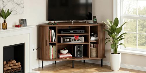 Corner Tv Stand With Power Outlet And Media Storage For Tvs Up To 55" For Living Room