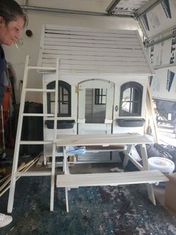 Kids Wooden Playhouse with Ladder and Picnic Table