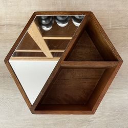 Wooden Hexagonal Wall or Table Shelf with Mirror