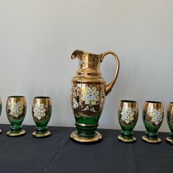 BOHEMIAN Czech ART GLASS EMERALD GREEN PITCHER And 6 Cups 