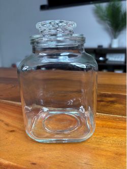 Vintage Anchor Hocking Glass Canister Square Apothecary Jar Starburst Lid 1 Qt