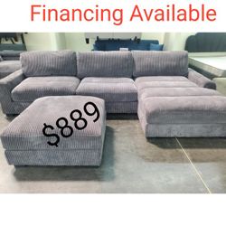 Dark Gray / Beige Corduroy Modular Sectional Sofa With Ottoman 