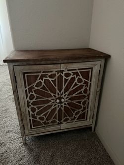 Boho Wood Cabinet with Carved Geometric Doors
