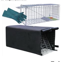 New Live Animal Trap Cage with Cover & Gloves, Cat Trap for Stray Cats 32 Inch Heavy Duty Folding Skunk Traps with Real Door for Raccoons, Opossums, S