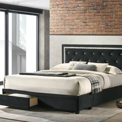 GLAM BLACK VELVET FABRIC BLING TUFTED ACCENTS TWIN FULL OR QUEEN SIZE BED FRAME STORAGE DRAWERS - CAMA SENCILLA MATRIMONIAL CAJONES