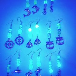 Uranium Glass Beaded Earrings Silver Charms Vintage Beads Blue Yellow Green Purple 
