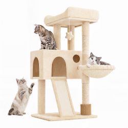 Beige Cat Tower w Hammock Scratching Post Condo & Play Toy