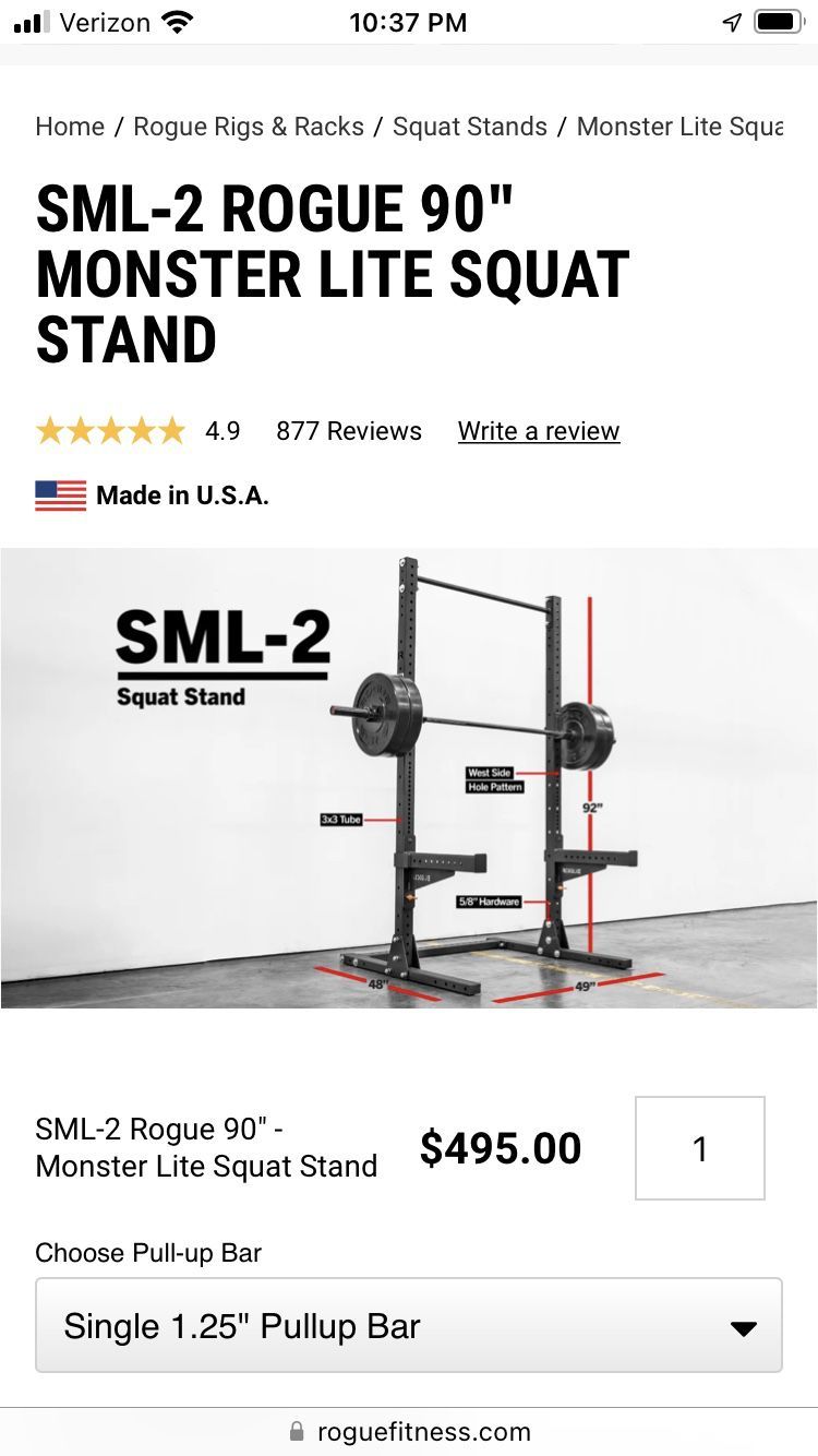 Brand New Rogue Fitness SML-2 90” Monster Lite Squat Stand With Single 1.25” Pull-Up Bar