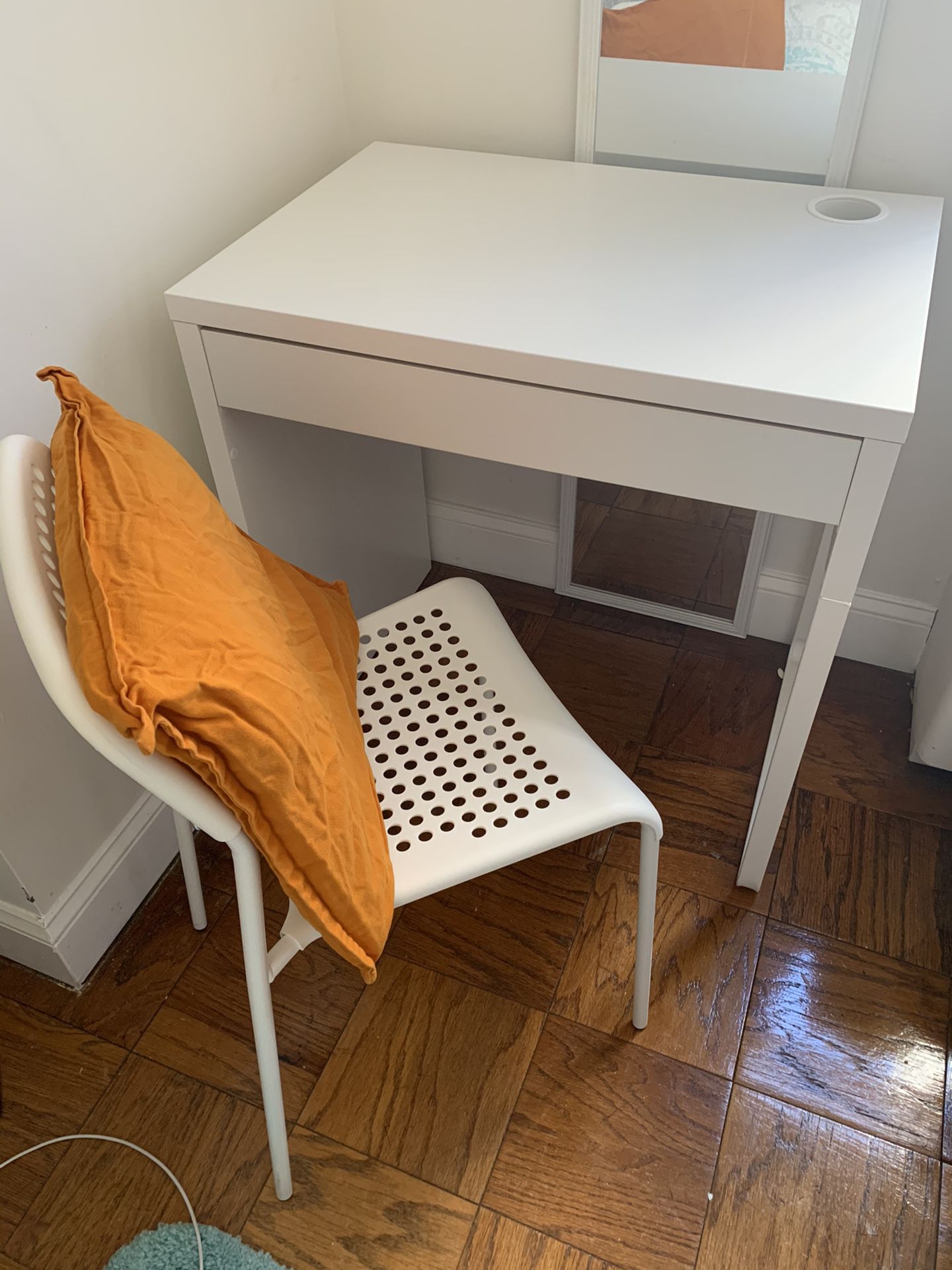 IKEA White desk with chair and cushion