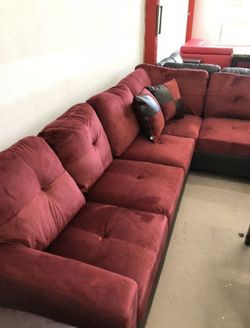 Brand New Red Microfiber Sectional With Storage Ottoman & 2 Decorative Pillows