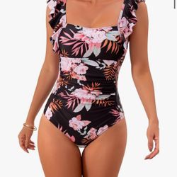 Eomenie Women's One Piece Ruffle Swimsuit Ruched Tummy Control Bathing Suits Tie Back Backless 1 Piece Monokini Swimwear