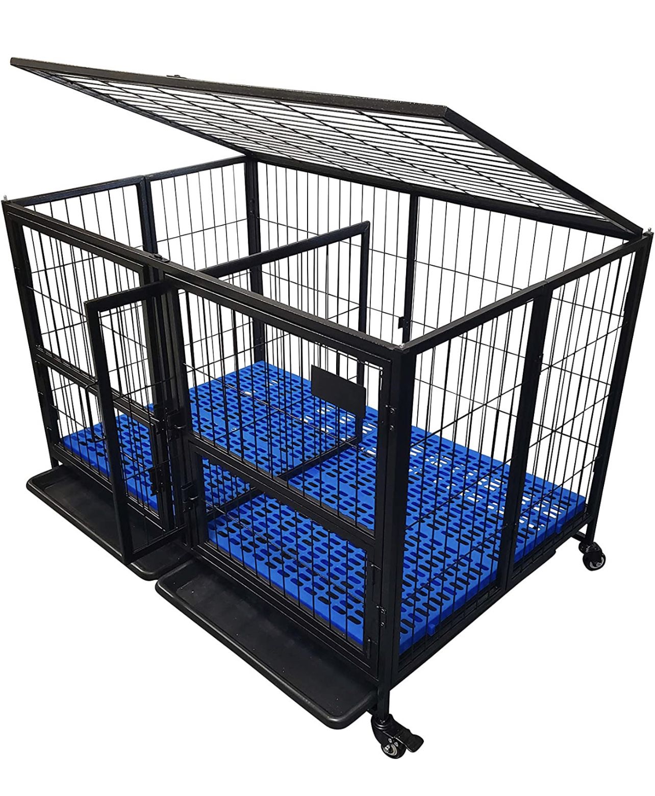 Bully Folding 43" Double Door Removable Divider Black, Open Top Heavy Duty Dog Pet Cage Kennel w/Trays