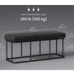 VASAGLE Storage Entryway Ottoman Bench Synthetic Leather Mid-Century Modern w/ Steel Frame - Black