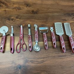 Temp-Tations Red Floral Lace pattern Kitchen Gadget Carry Case including  Pizza Cutter, double sided melon baller, grater, apple corer, lemon zester, 