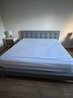 Modern Gray Upholstered Platform Bed Frame – Excellent Condition