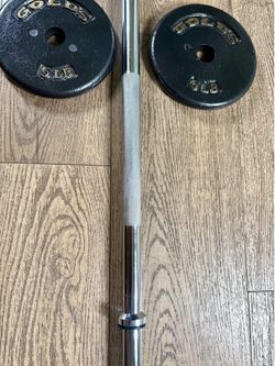 BRAND NEW 5 ft Silver Standard Bar & VINTAGE Weight Plates: 25s, 10s And 5s. (Total: 97 lbs)