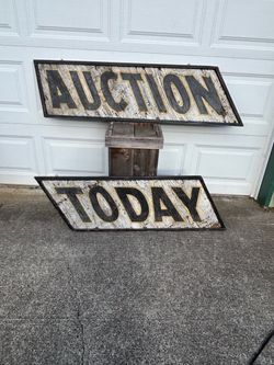 Antique‘Auction Today’ 2 piece wooden sign ready for hanging. Has hardware for hanging installed. The sign is very antique and Has Great Patina.   The