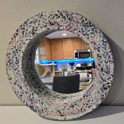 Handmade Round Mirror with Recycled Magazine Frame – 22”

