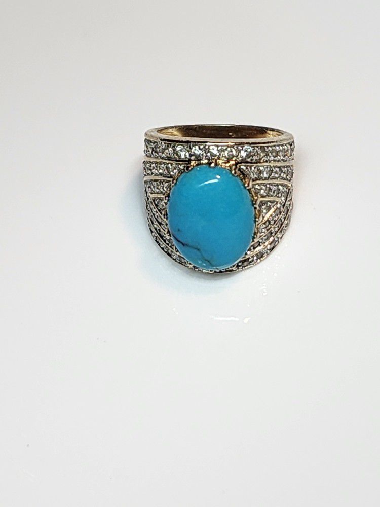 Vintage Sterling 8ct Turquoise Cab & 5.3ct Pave Crystal Cocktail 
Sz7
