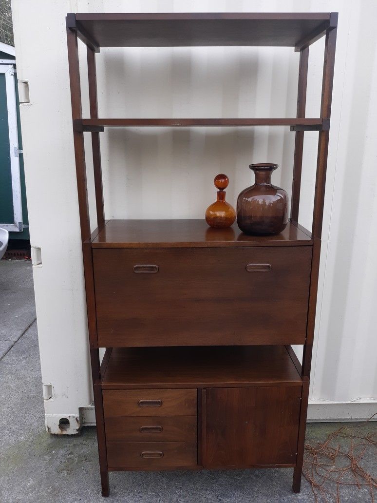 Danish Mid Century Modern Drop Front Desk Secretary Wall Shelf Unit Great Condition