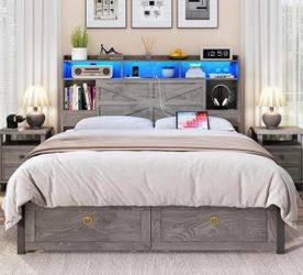 Open box-Queen Bed Frame with Storage Headboard, Farmhouse Wood Bed Frame Queen Size with 4 Drawers