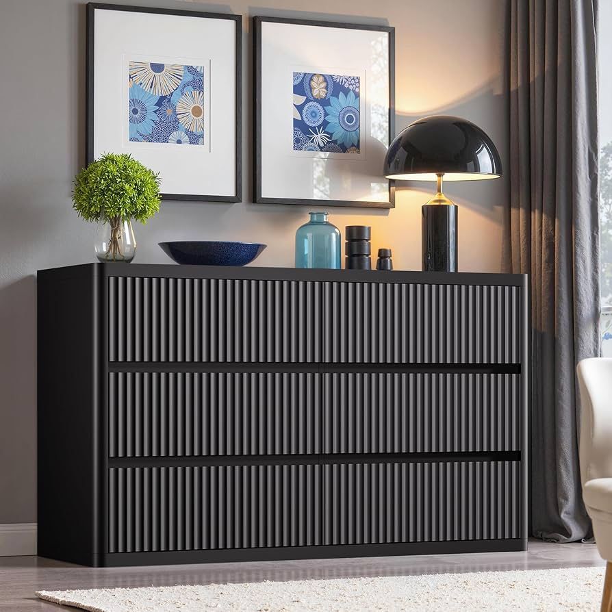 Black 6 Drawers Double Dresser, Fluted Dresser for Bedroom, Modern Chest of Drawers with Handleless, Curved Profile Dressers TV Stand, Wood Storage Or