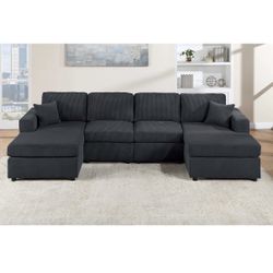 120”Plush Black Sectional, Sofa, Black Couch, Black Sofa, Sectional Couch, Corduroy Sectional, Black Corduroy Couch, U-shaped Couch, Sofas, Sectionals