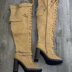 Lira Tan Over the Knee Lace-Up Boots