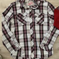 Men’s Medium Affliction Plaid Long Sleeve Button Down Shirt - Black Red White Grey