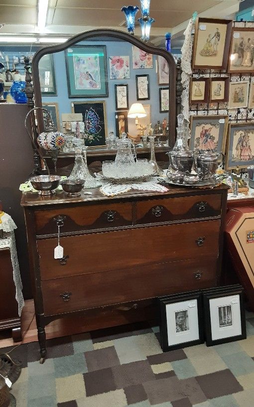 Antique Walnut 4 Drawer Dresser W/Mirror- Located in Shelton