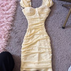 Yellow Pearl Embellished Ruched Bodycon Dress