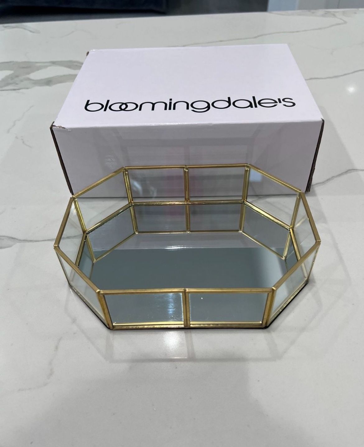 Bloomingdale’s Gold Metal Mirror Glass Vanity Makeup Cosmetic Perfume Jewelry Tray Decoration Platter 