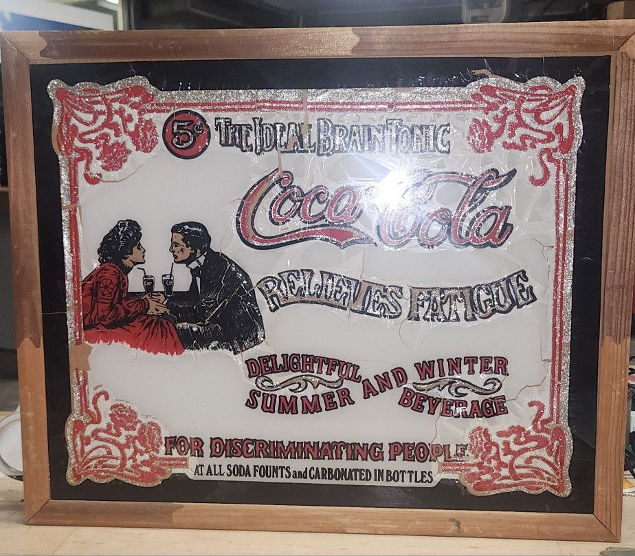 Vintage Coca Cola Glass Sign Advertising 5 cent The Ideal Brain Tonic Wood Frame