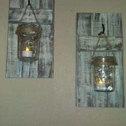 Whitewashed and distressed wall hanging candle holders