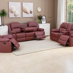 Red Reclining Couch 3-Pc Set — Sofa • Loveseat • Chair