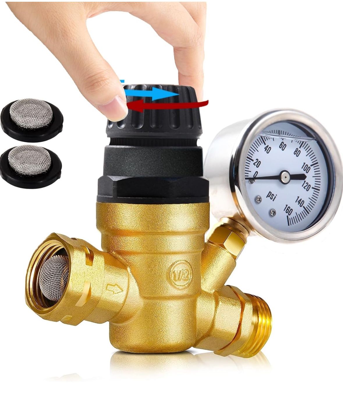 Handle Adjustable RV Water Pressure Regulator for RV Camper, Upgraded Brass Lead-Free RV Water Pressure Regulator with Gauge and 2 Inlet Screened Filt