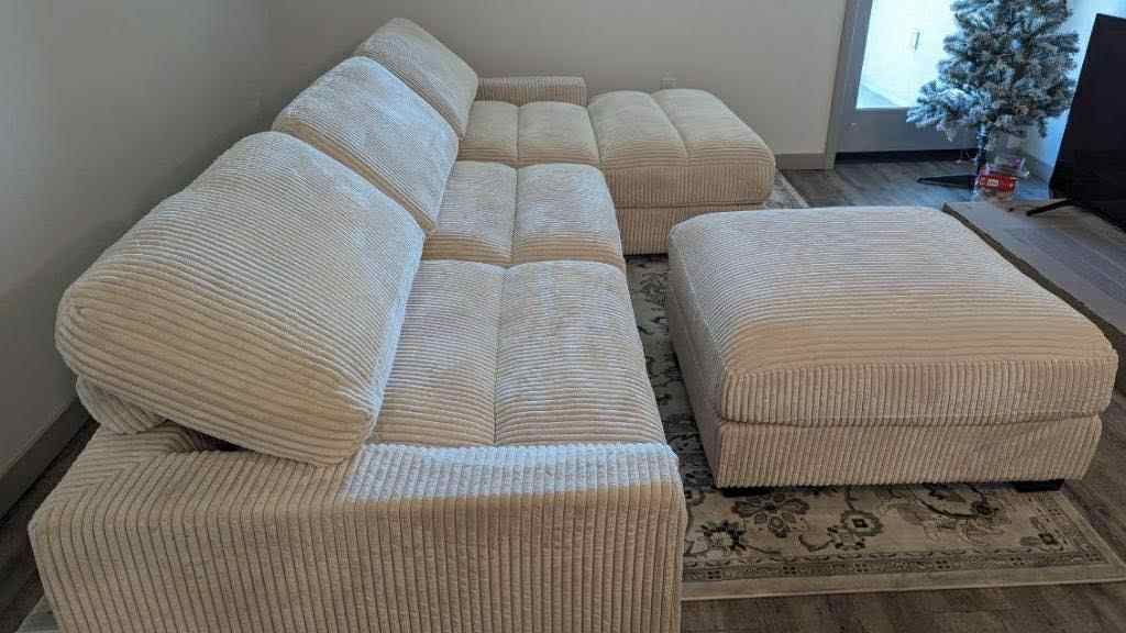 New 127x66 Corduroy Sectional Couch With Ottoman / Free Delivery