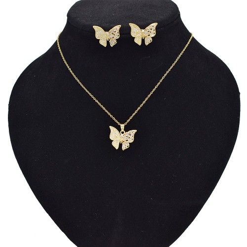 18k Layered Real Gold Filled Butterfly Set Necklace Pendant Earrings