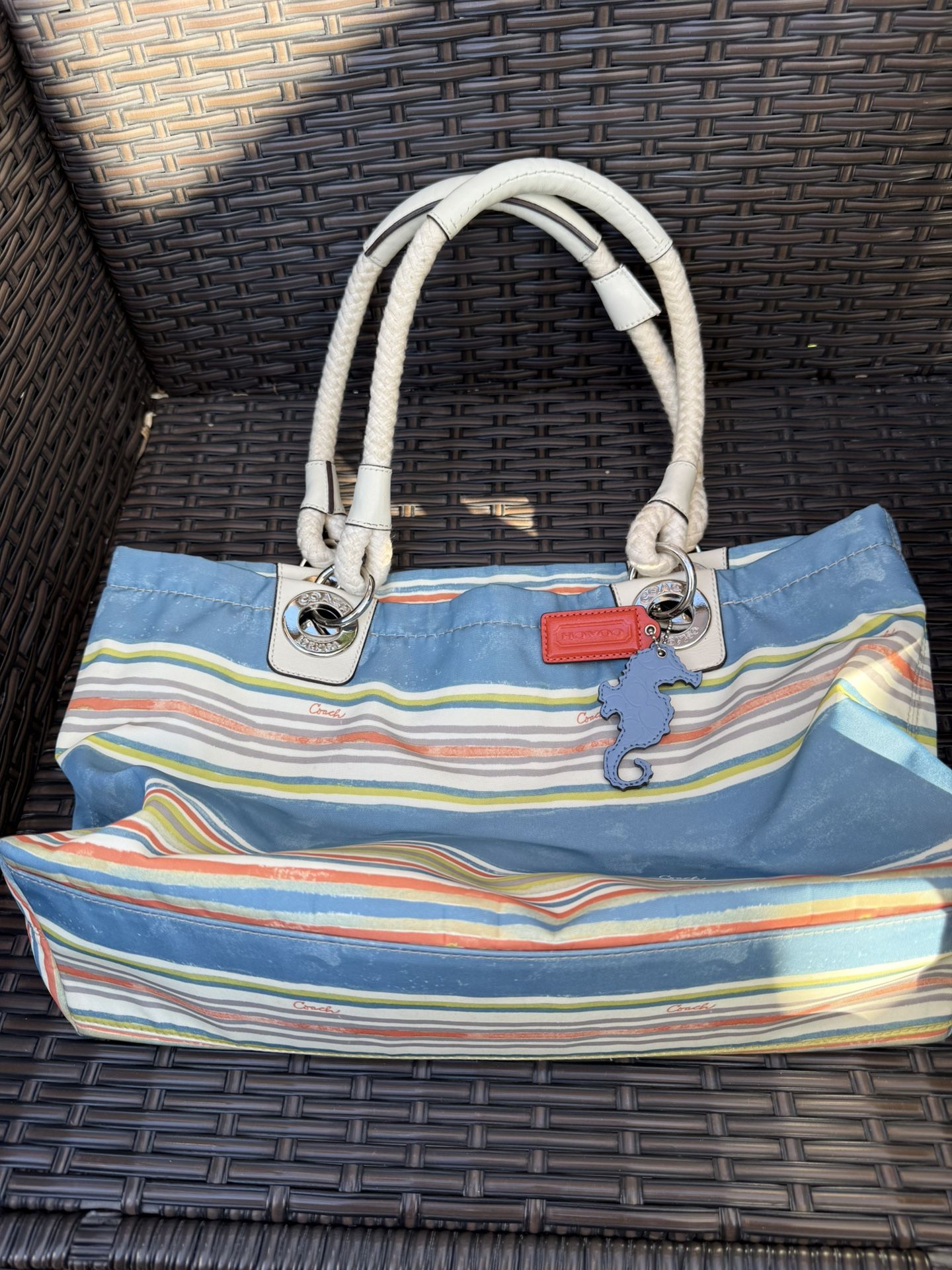 Coach Beach Nautical Striped Seahorse Charm Tote Handbag Blue White Multicolor