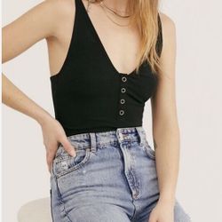 NWT Free People Larissa V-Neck Thong Bodysuit in Black, Size M